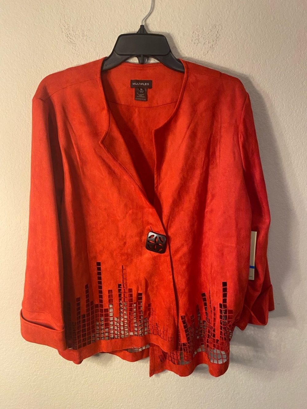 Multiples Red Velvety Jacket with Geometric Holes Trim